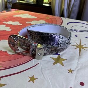 Western Rhinestone Belt Metallic Purple Croc Embossed Silver Grunge Buckle Y2K